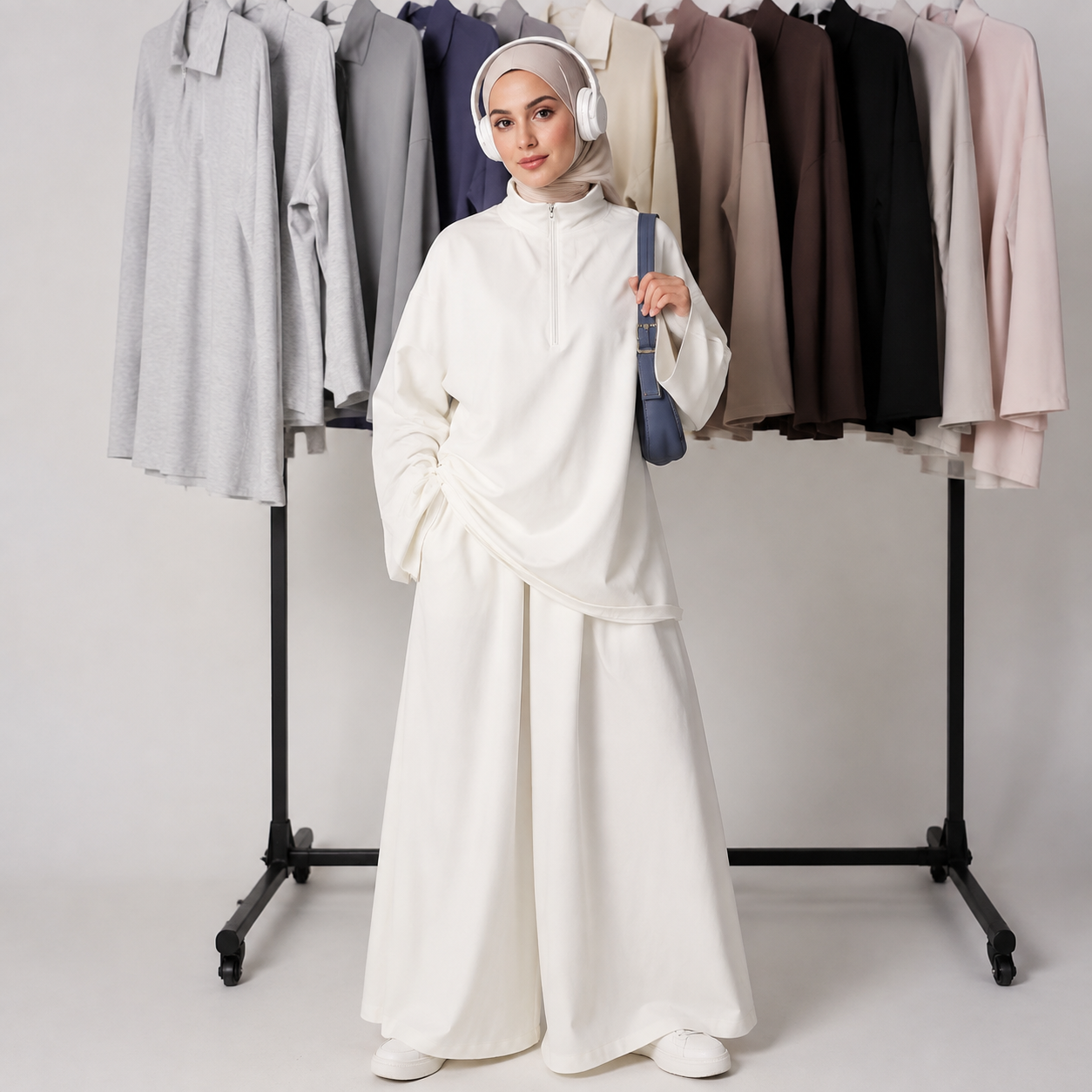 MH126 Modest Half-Zip Top and Maxi Skirt Set – Loose Casual Two Piece Outfit