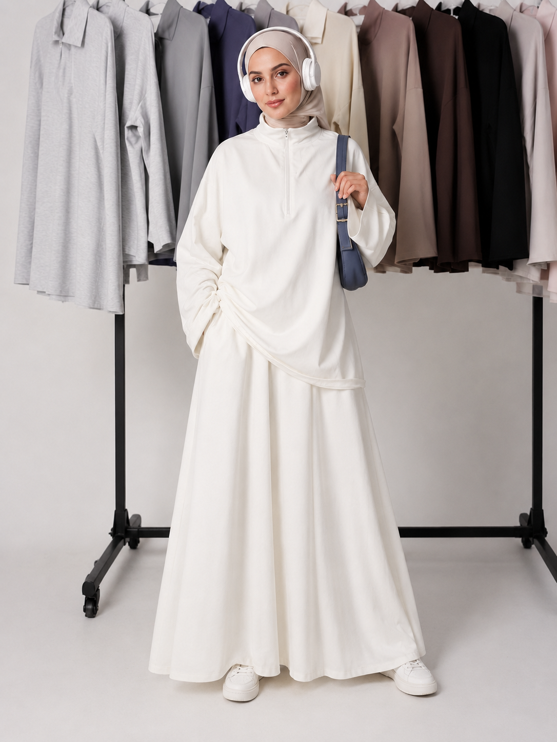 MH126 Modest Half-Zip Top and Maxi Skirt Set – Loose Casual Two Piece Outfit