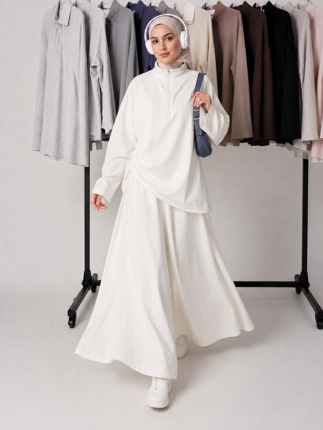 MH126 Modest Half-Zip Top and Maxi Skirt Set – Loose Casual Two Piece Outfit