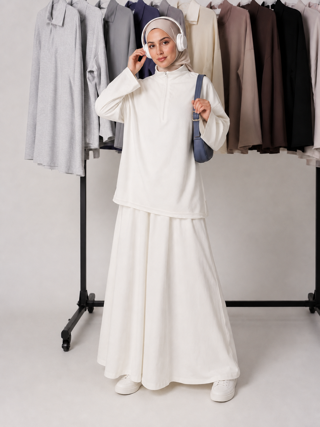 MH126 Modest Half-Zip Top and Maxi Skirt Set – Loose Casual Two Piece Outfit