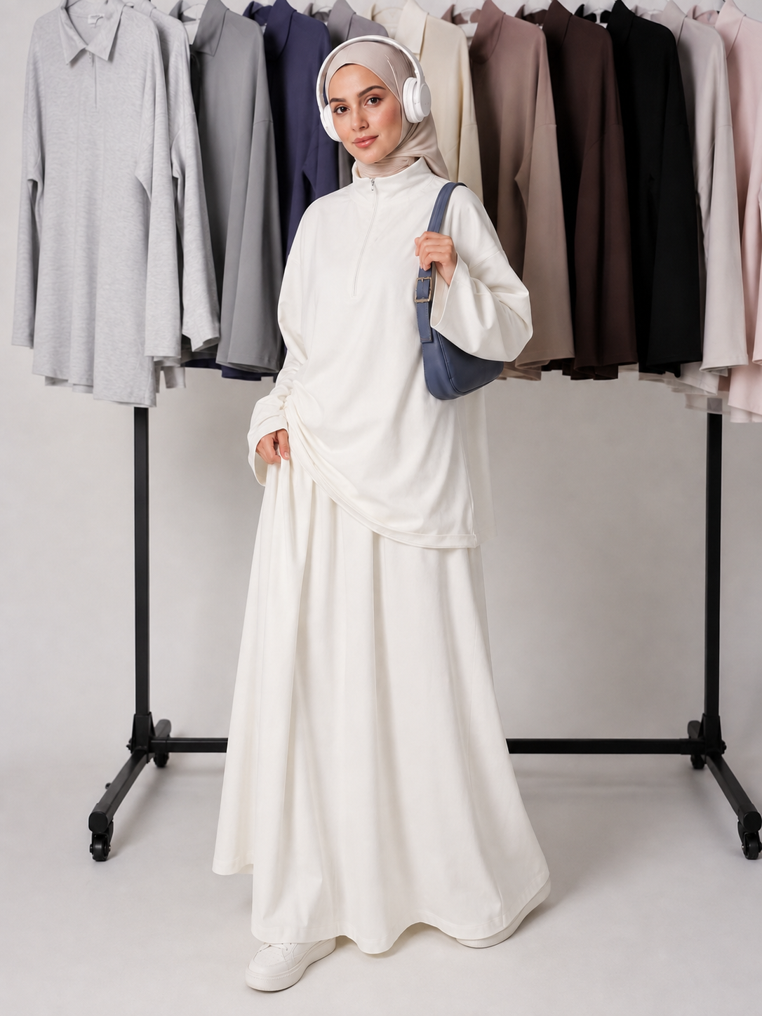 MH126 Modest Half-Zip Top and Maxi Skirt Set – Loose Casual Two Piece Outfit