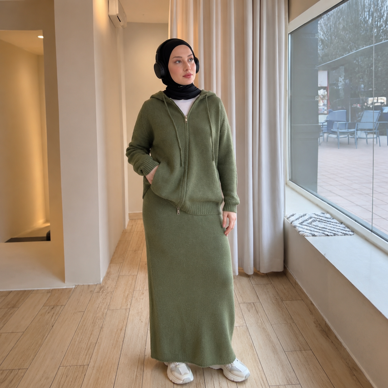 MH101 Modest Knit Hoodie & Skirt Set – Soft Ribbed Two-Piece Outfit
