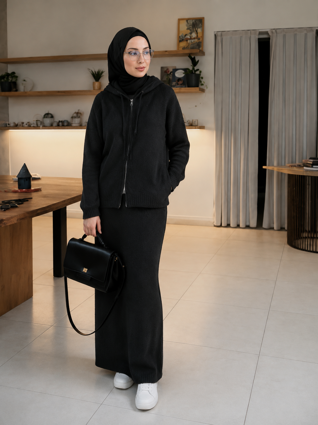 MH101 Modest Knit Hoodie & Skirt Set – Soft Ribbed Two-Piece Outfit