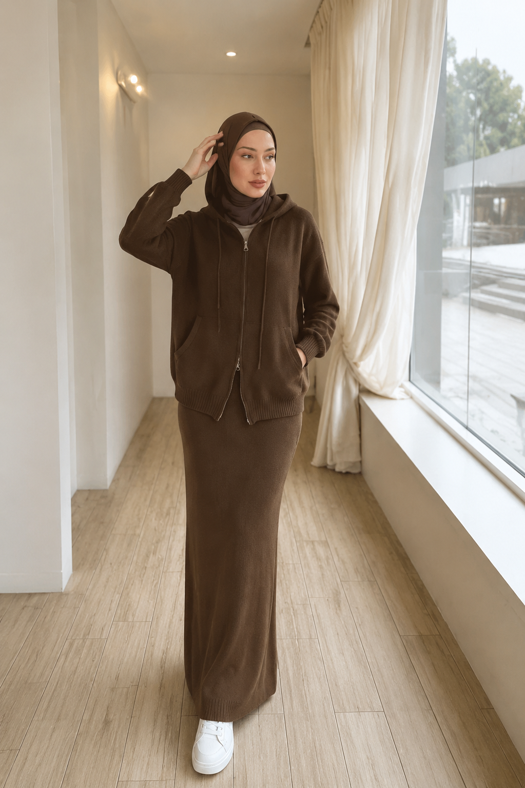 MH101 Modest Knit Hoodie & Skirt Set – Soft Ribbed Two-Piece Outfit