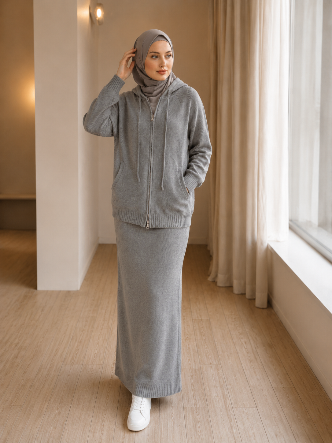 MH101 Modest Knit Hoodie & Skirt Set – Soft Ribbed Two-Piece Outfit