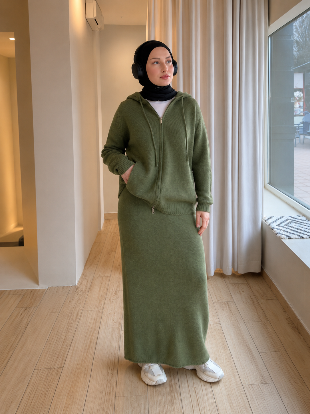 MH101 Modest Knit Hoodie & Skirt Set – Soft Ribbed Two-Piece Outfit