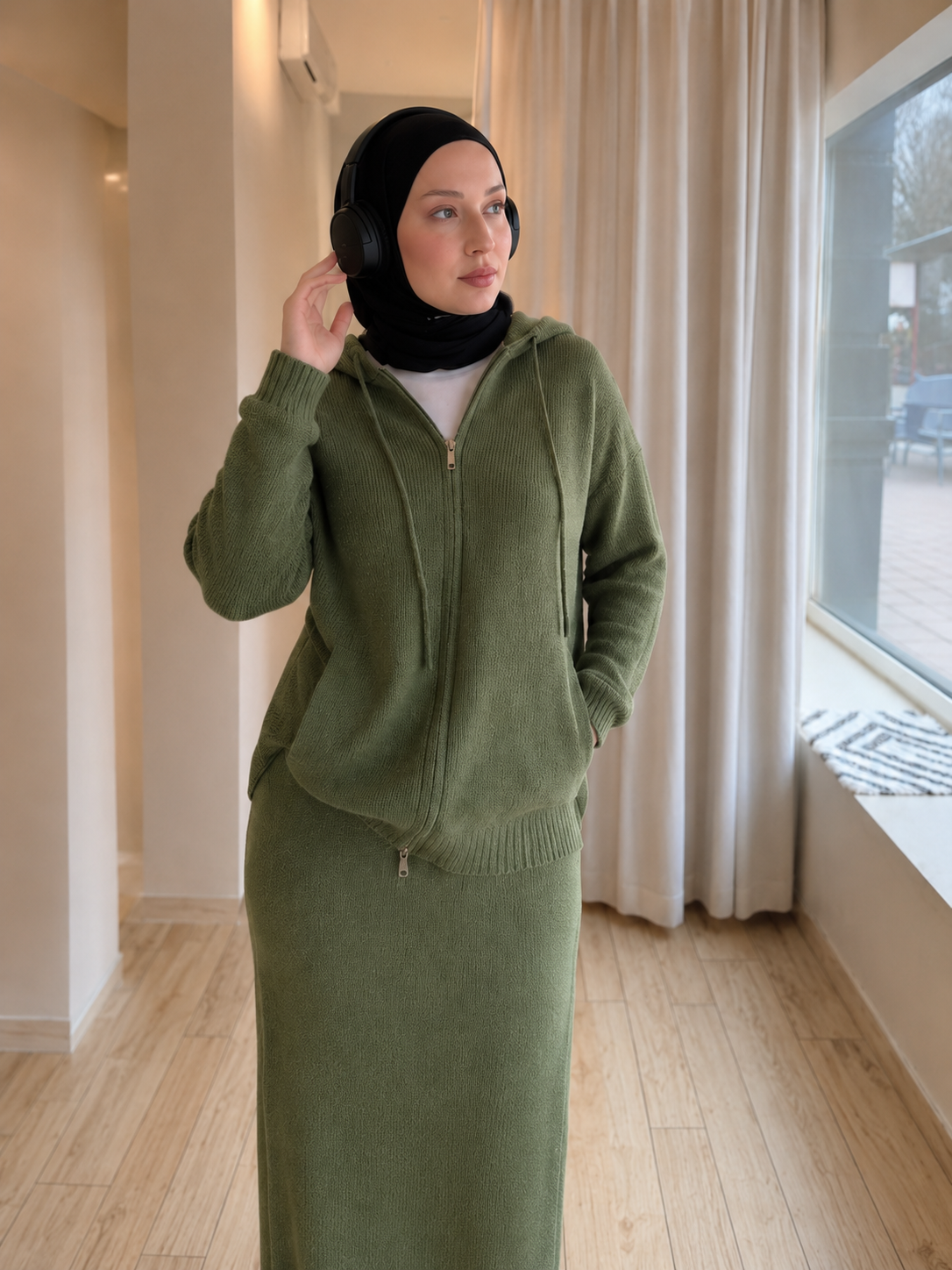 MH101 Modest Knit Hoodie & Skirt Set – Soft Ribbed Two-Piece Outfit