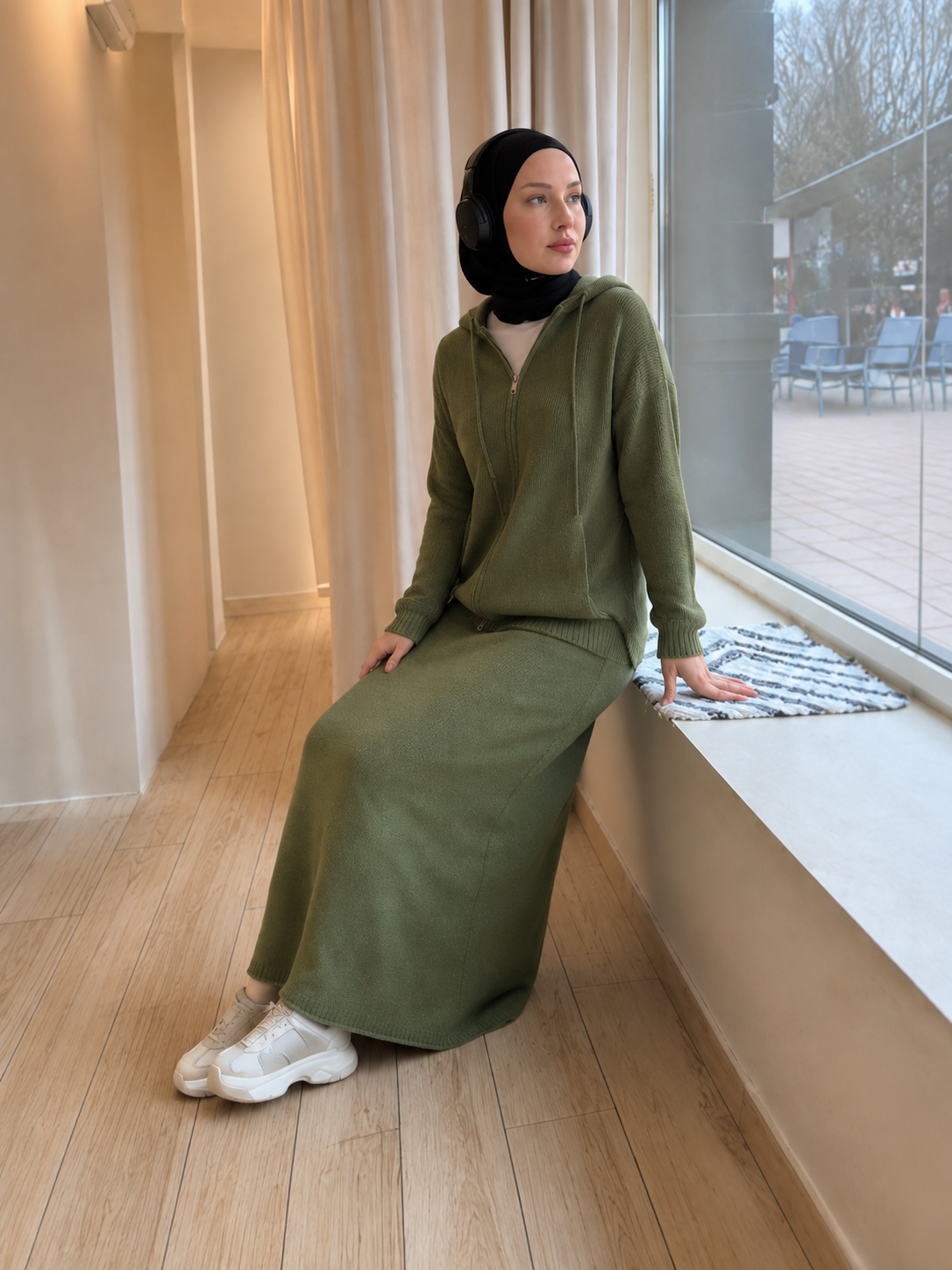 MH101 Modest Knit Hoodie & Skirt Set – Soft Ribbed Two-Piece Outfit