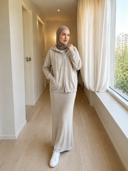 MH101 Modest Knit Hoodie & Skirt Set – Soft Ribbed Two-Piece Outfit