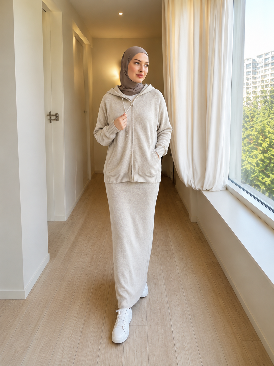 MH101 Modest Knit Hoodie & Skirt Set – Soft Ribbed Two-Piece Outfit