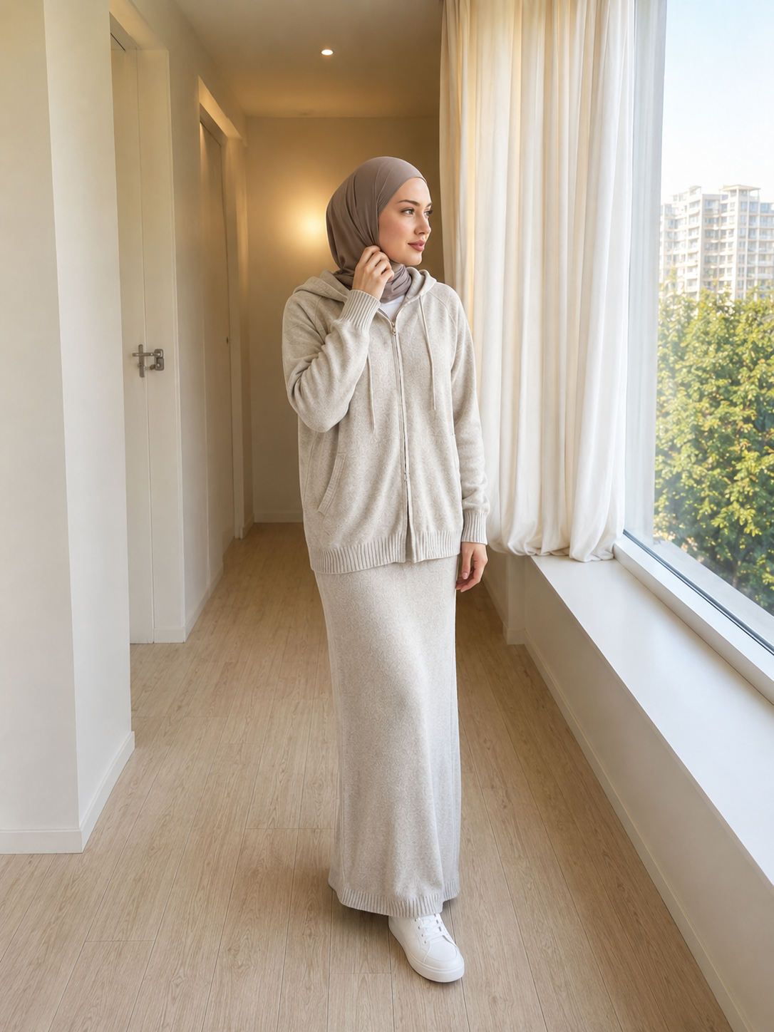 MH101 Modest Knit Hoodie & Skirt Set – Soft Ribbed Two-Piece Outfit