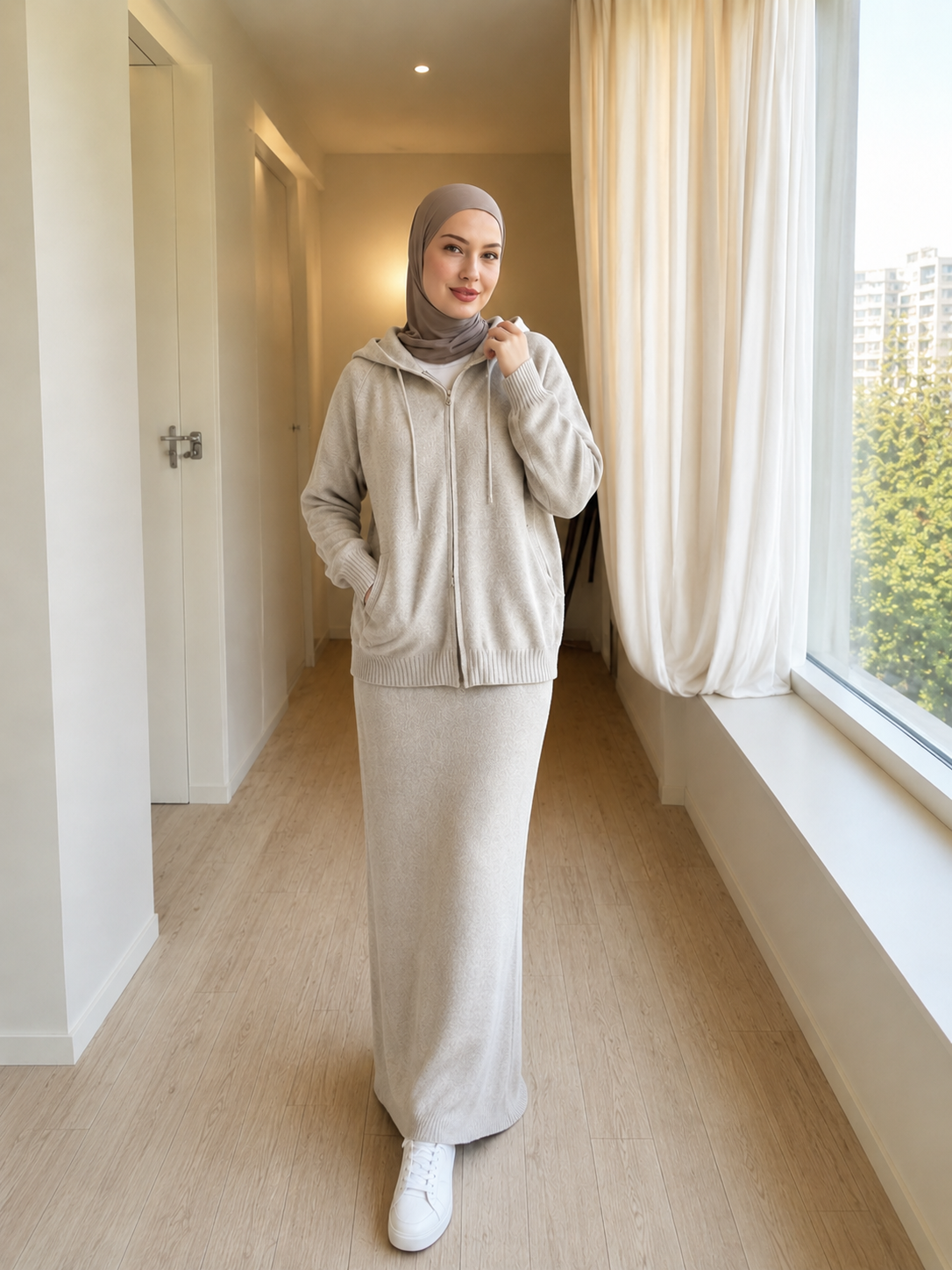 MH101 Modest Knit Hoodie & Skirt Set – Soft Ribbed Two-Piece Outfit