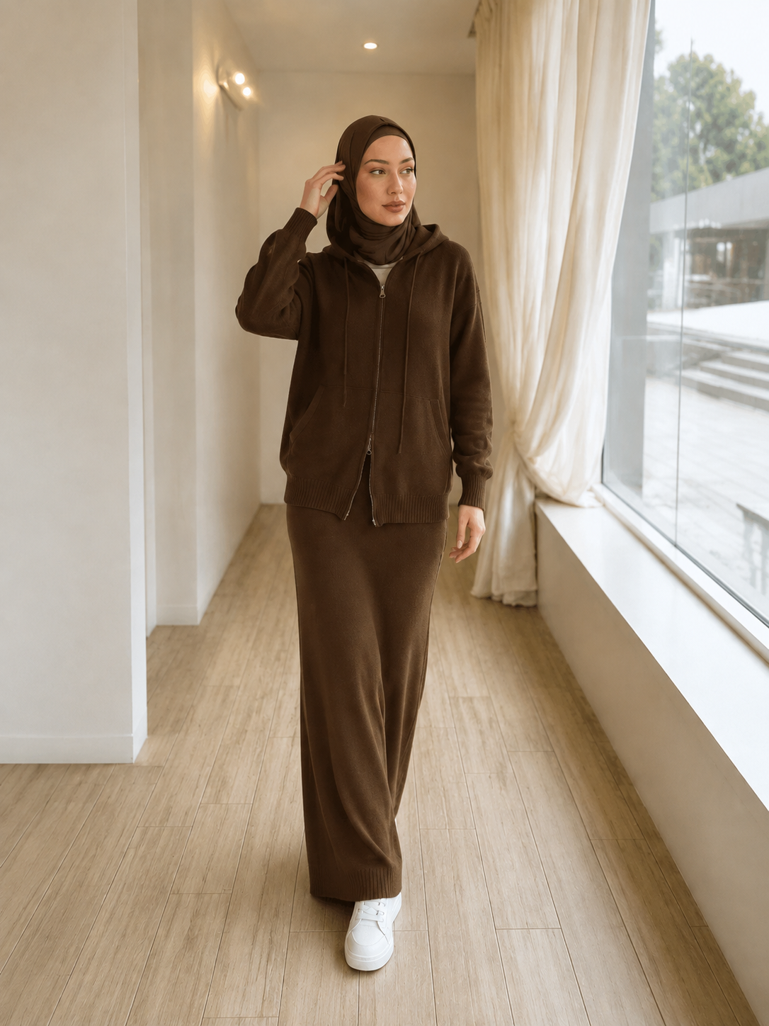 MH101 Modest Knit Hoodie & Skirt Set – Soft Ribbed Two-Piece Outfit