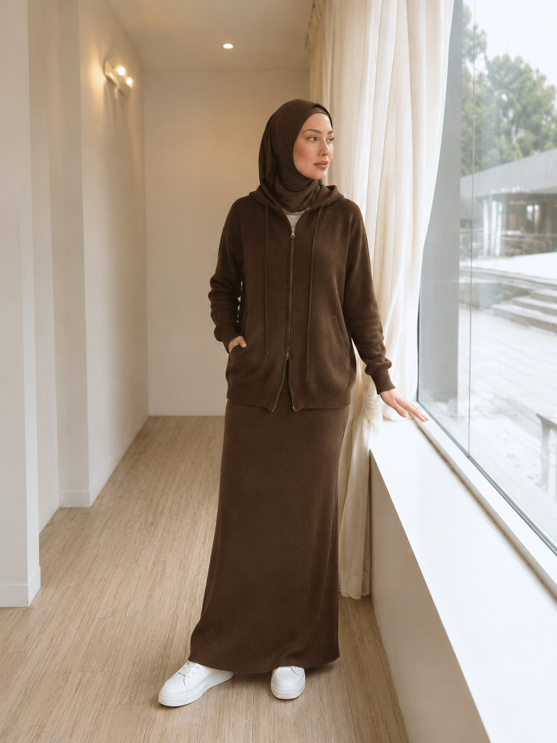 MH101 Modest Knit Hoodie & Skirt Set – Soft Ribbed Two-Piece Outfit