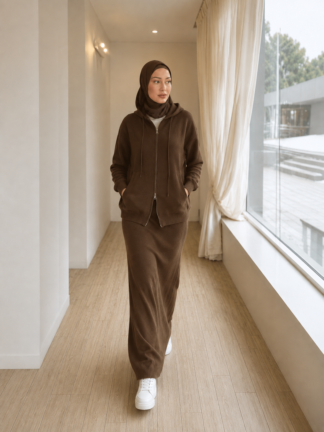 MH101 Modest Knit Hoodie & Skirt Set – Soft Ribbed Two-Piece Outfit