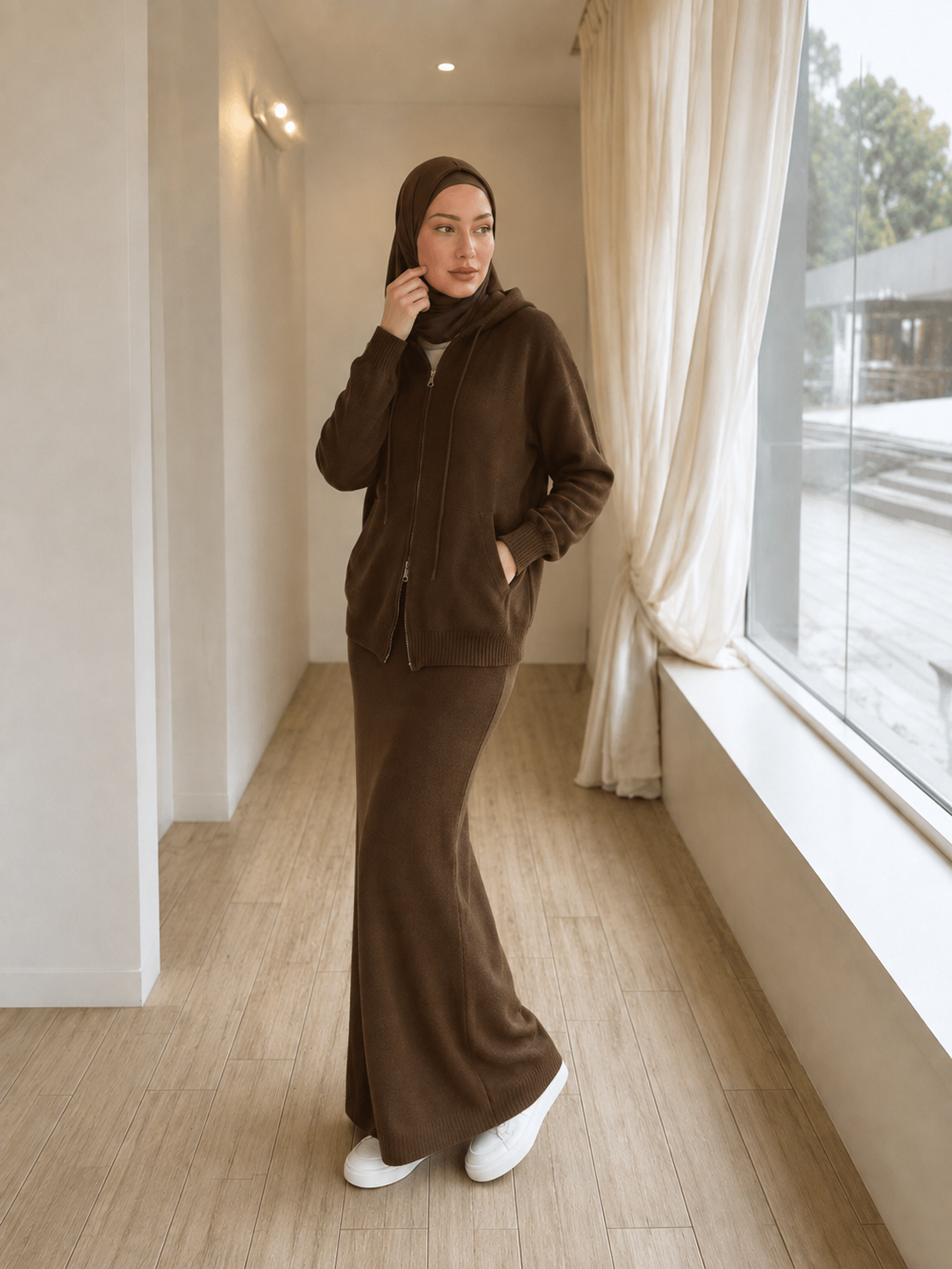 MH101 Modest Knit Hoodie & Skirt Set – Soft Ribbed Two-Piece Outfit