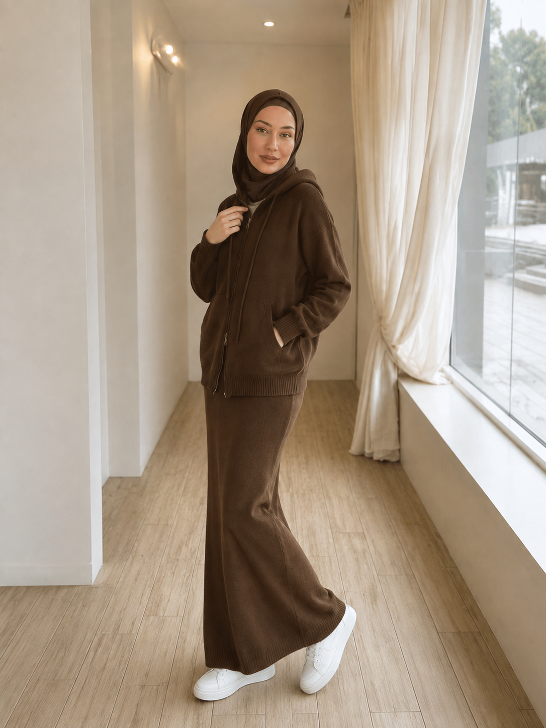 MH101 Modest Knit Hoodie & Skirt Set – Soft Ribbed Two-Piece Outfit