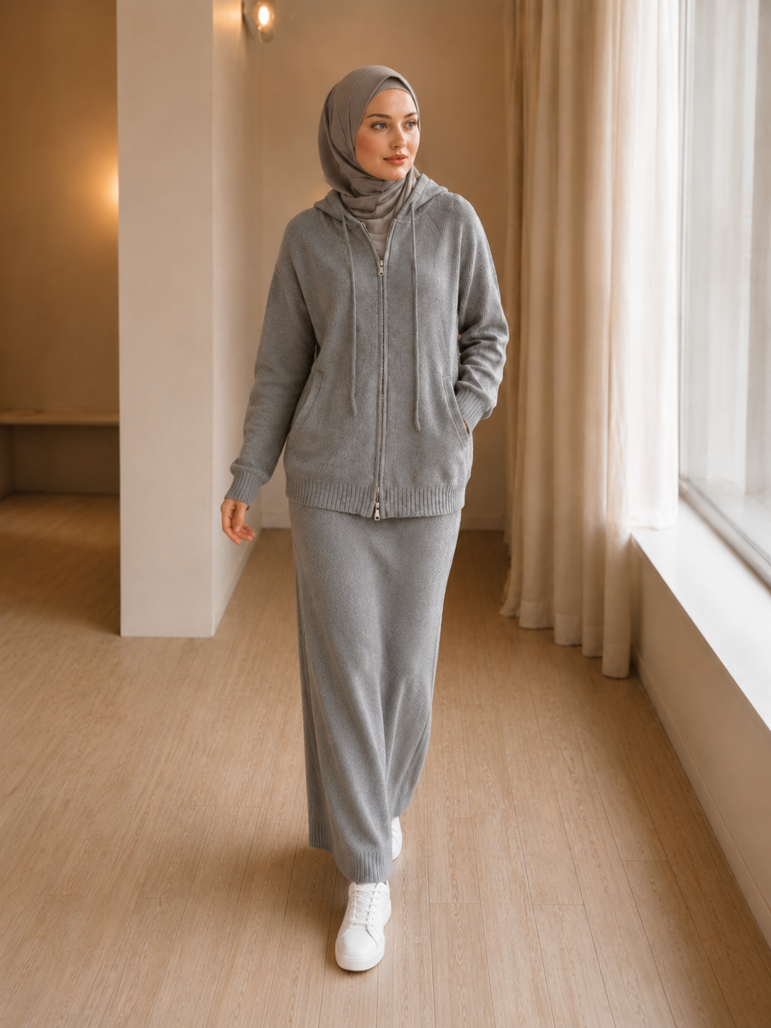 MH101 Modest Knit Hoodie & Skirt Set – Soft Ribbed Two-Piece Outfit