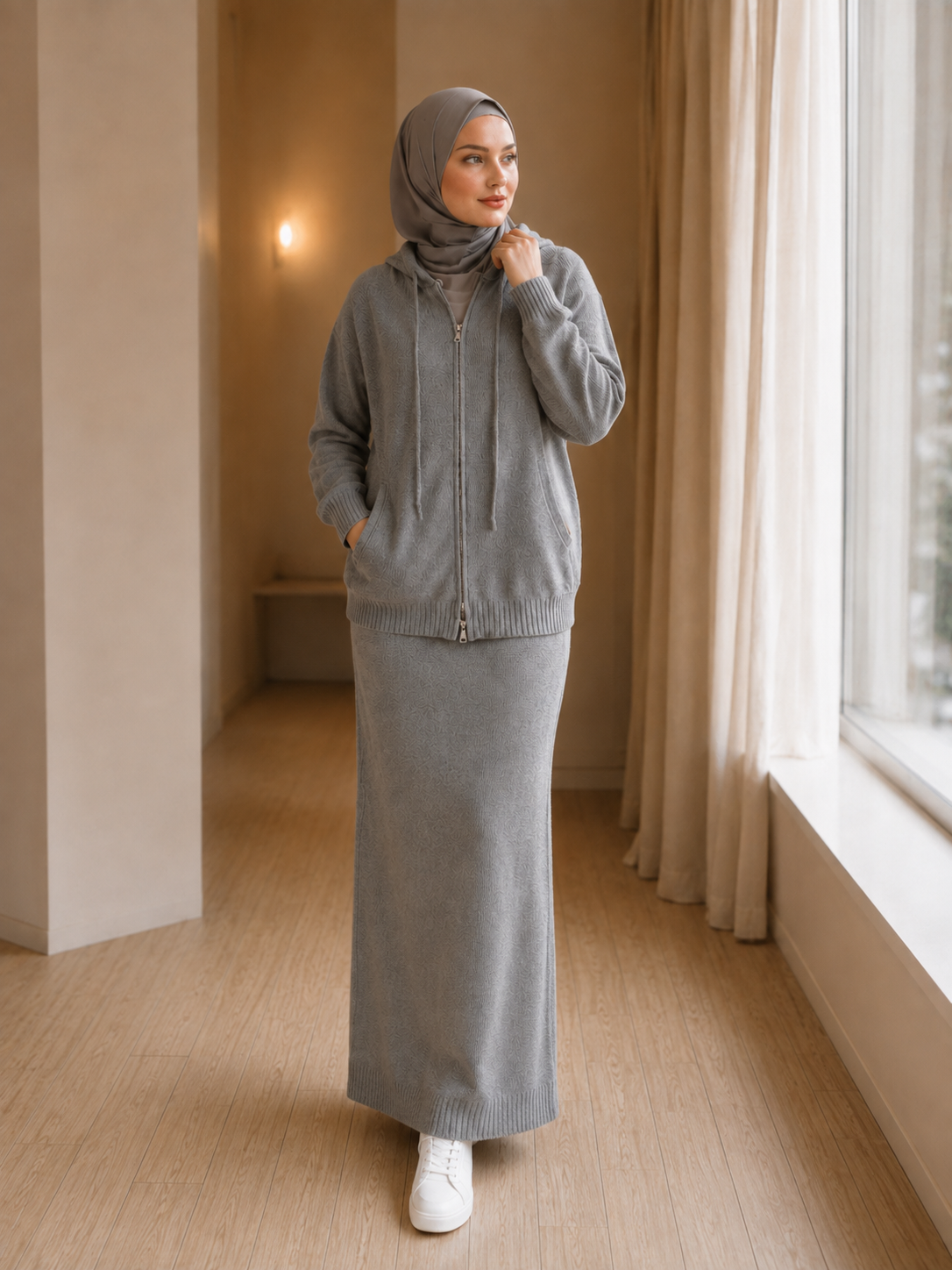 MH101 Modest Knit Hoodie & Skirt Set – Soft Ribbed Two-Piece Outfit