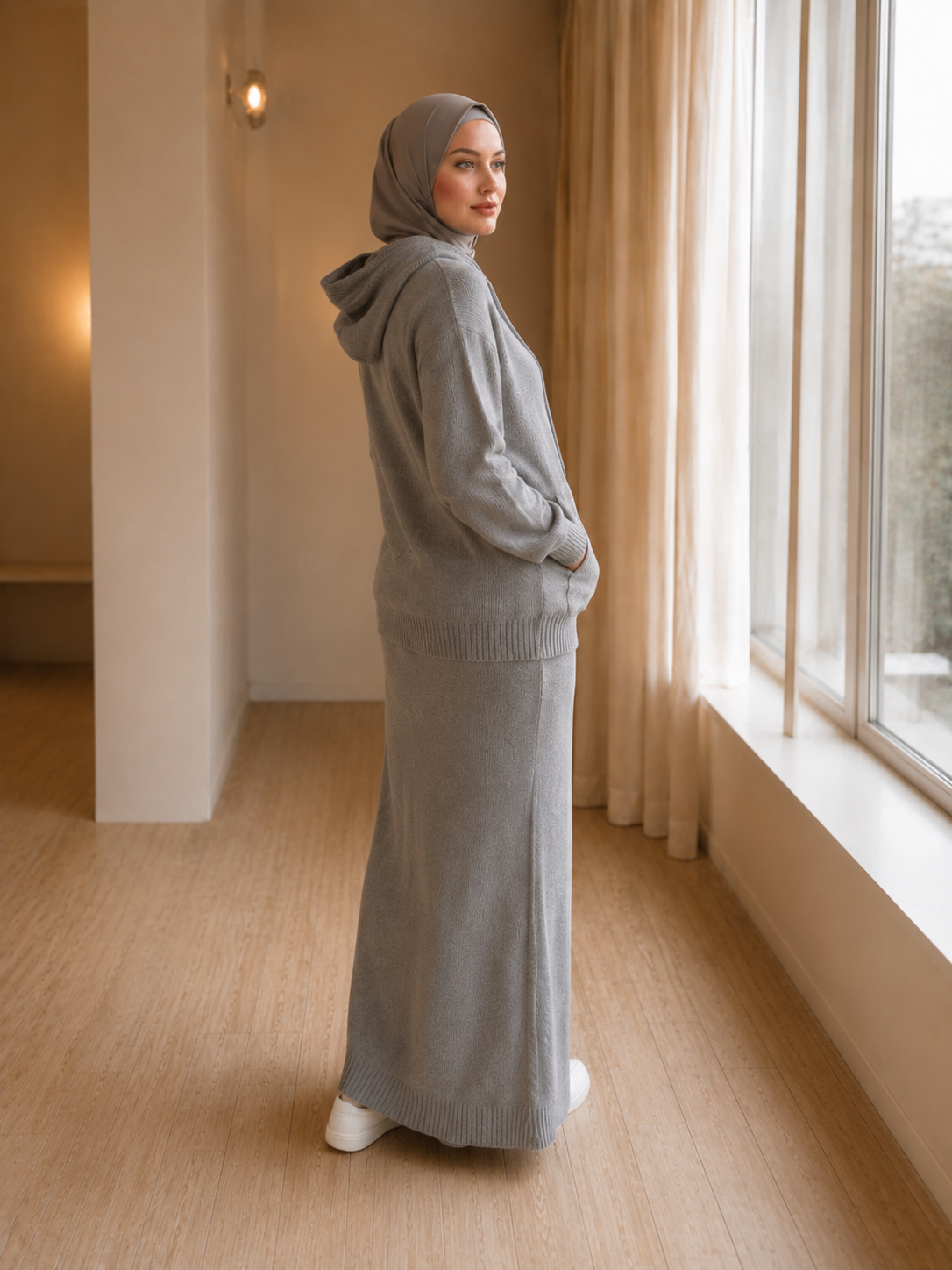 MH101 Modest Knit Hoodie & Skirt Set – Soft Ribbed Two-Piece Outfit