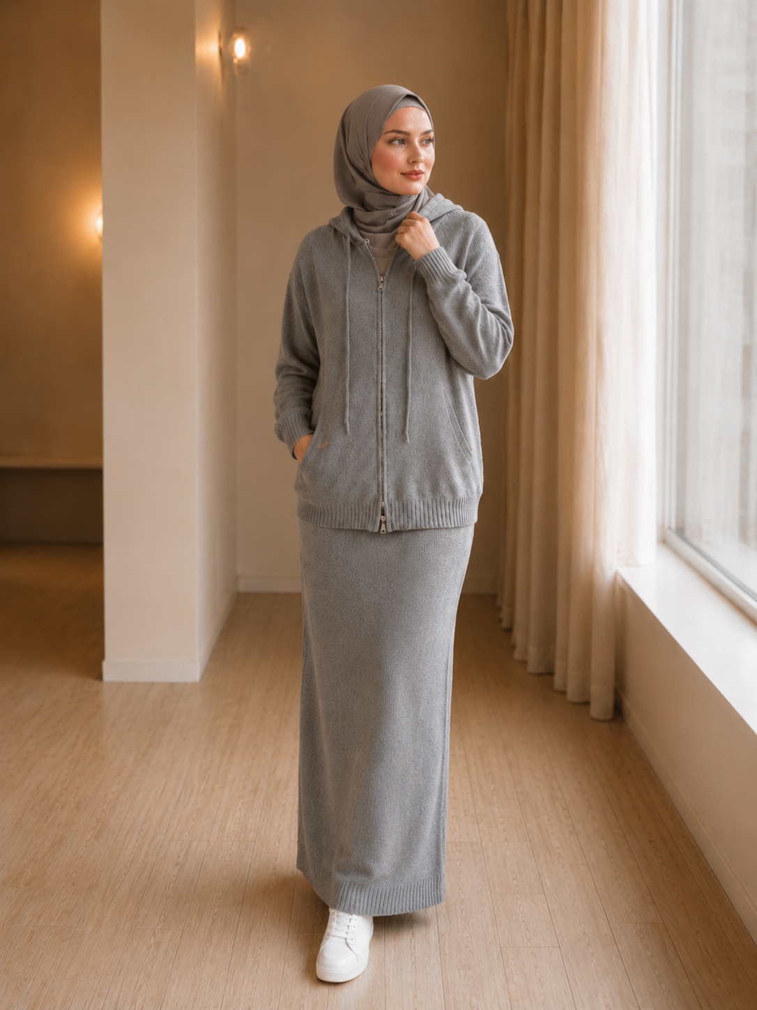 MH101 Modest Knit Hoodie & Skirt Set – Soft Ribbed Two-Piece Outfit