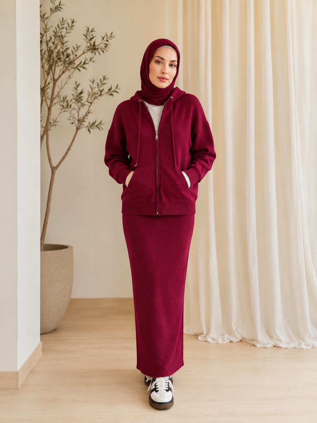 MH101 Modest Knit Hoodie & Skirt Set – Soft Ribbed Two-Piece Outfit