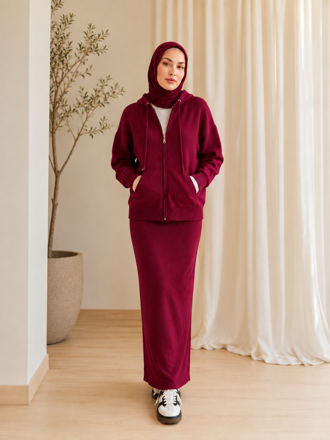 MH101 Modest Knit Hoodie & Skirt Set – Soft Ribbed Two-Piece Outfit
