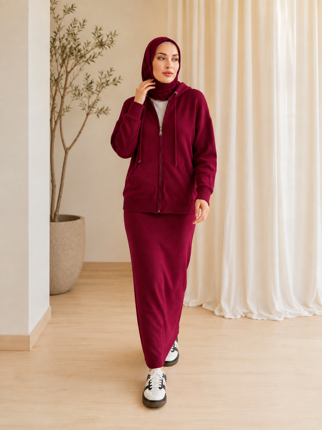 MH101 Modest Knit Hoodie & Skirt Set – Soft Ribbed Two-Piece Outfit