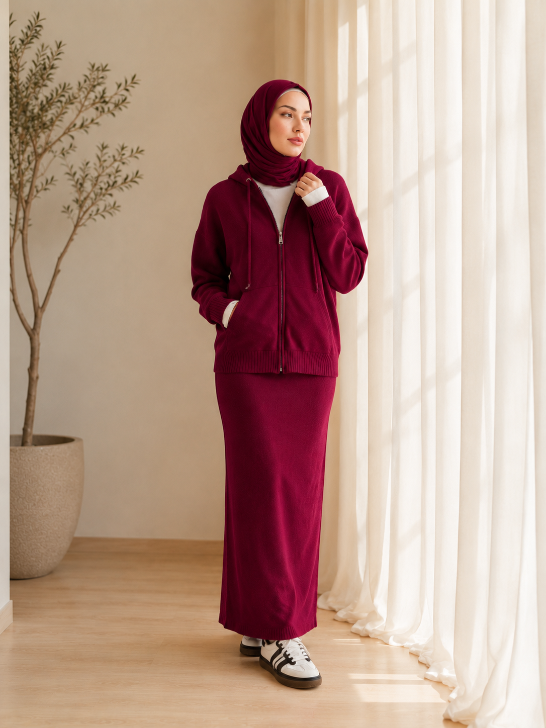 MH101 Modest Knit Hoodie & Skirt Set – Soft Ribbed Two-Piece Outfit