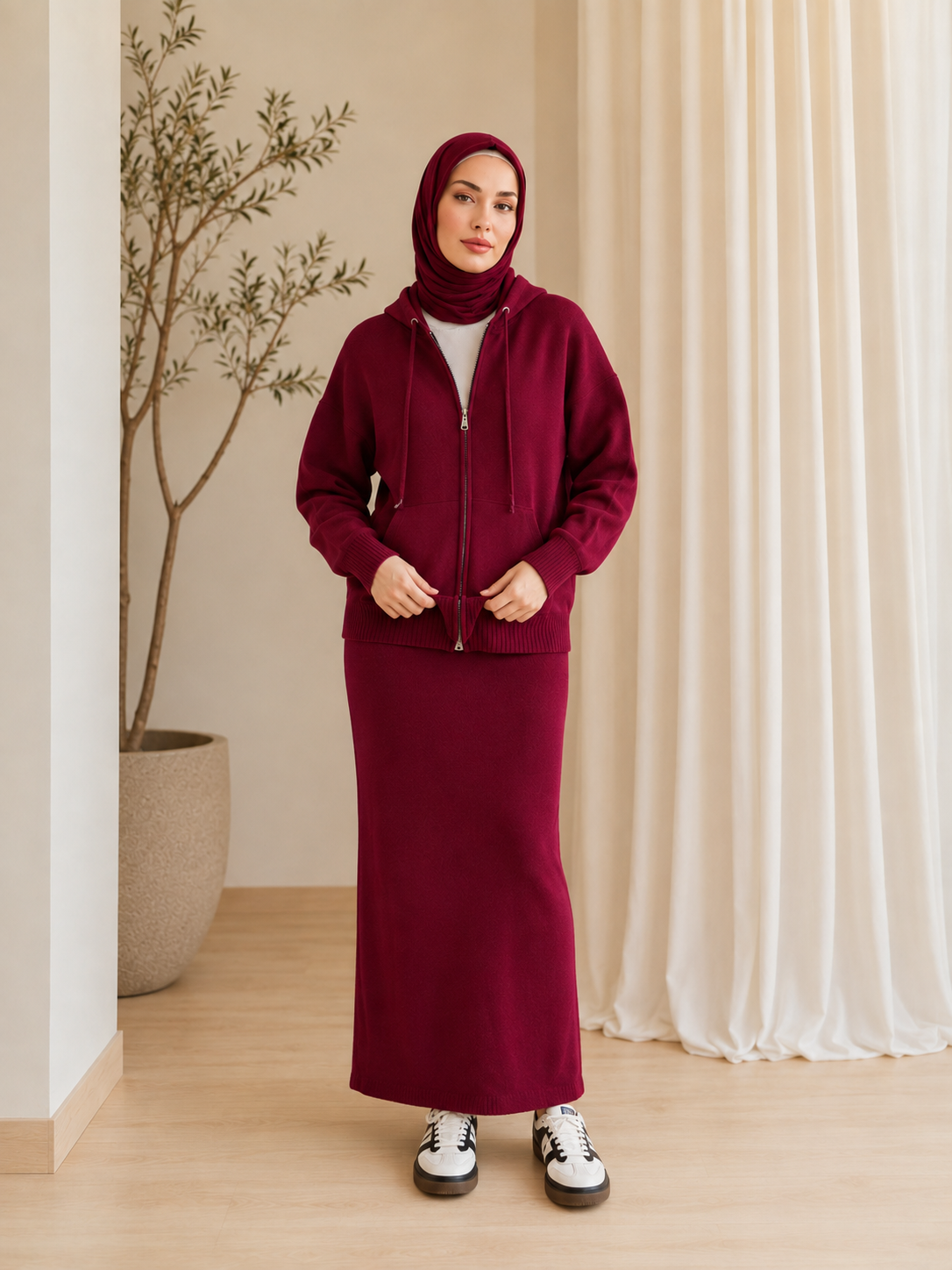 MH101 Modest Knit Hoodie & Skirt Set – Soft Ribbed Two-Piece Outfit
