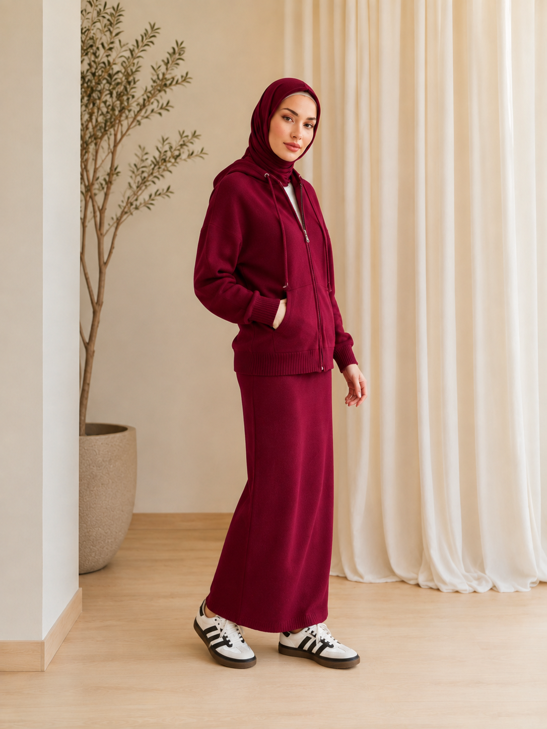 MH101 Modest Knit Hoodie & Skirt Set – Soft Ribbed Two-Piece Outfit