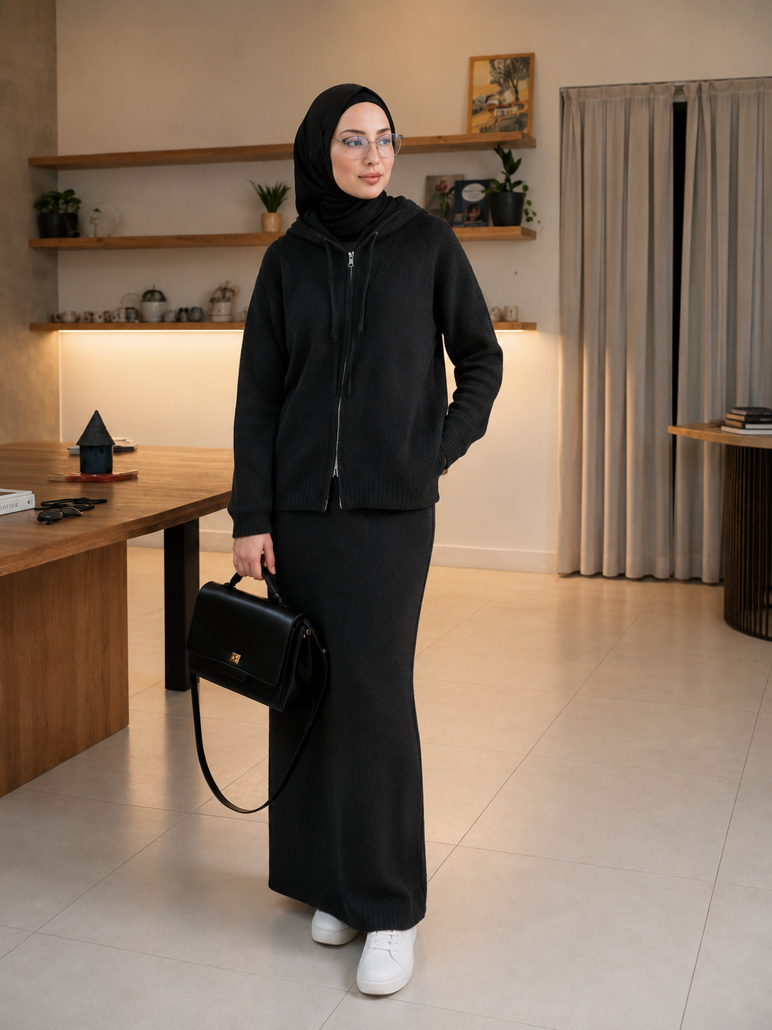 MH101 Modest Knit Hoodie & Skirt Set – Soft Ribbed Two-Piece Outfit