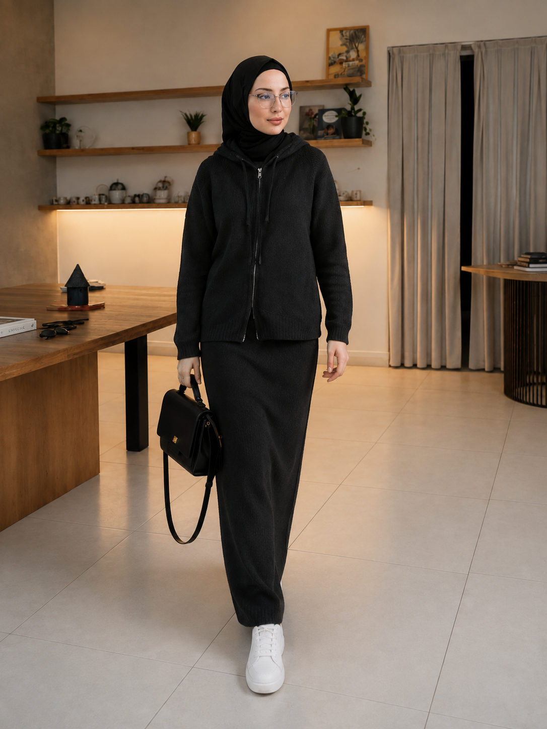 MH101 Modest Knit Hoodie & Skirt Set – Soft Ribbed Two-Piece Outfit