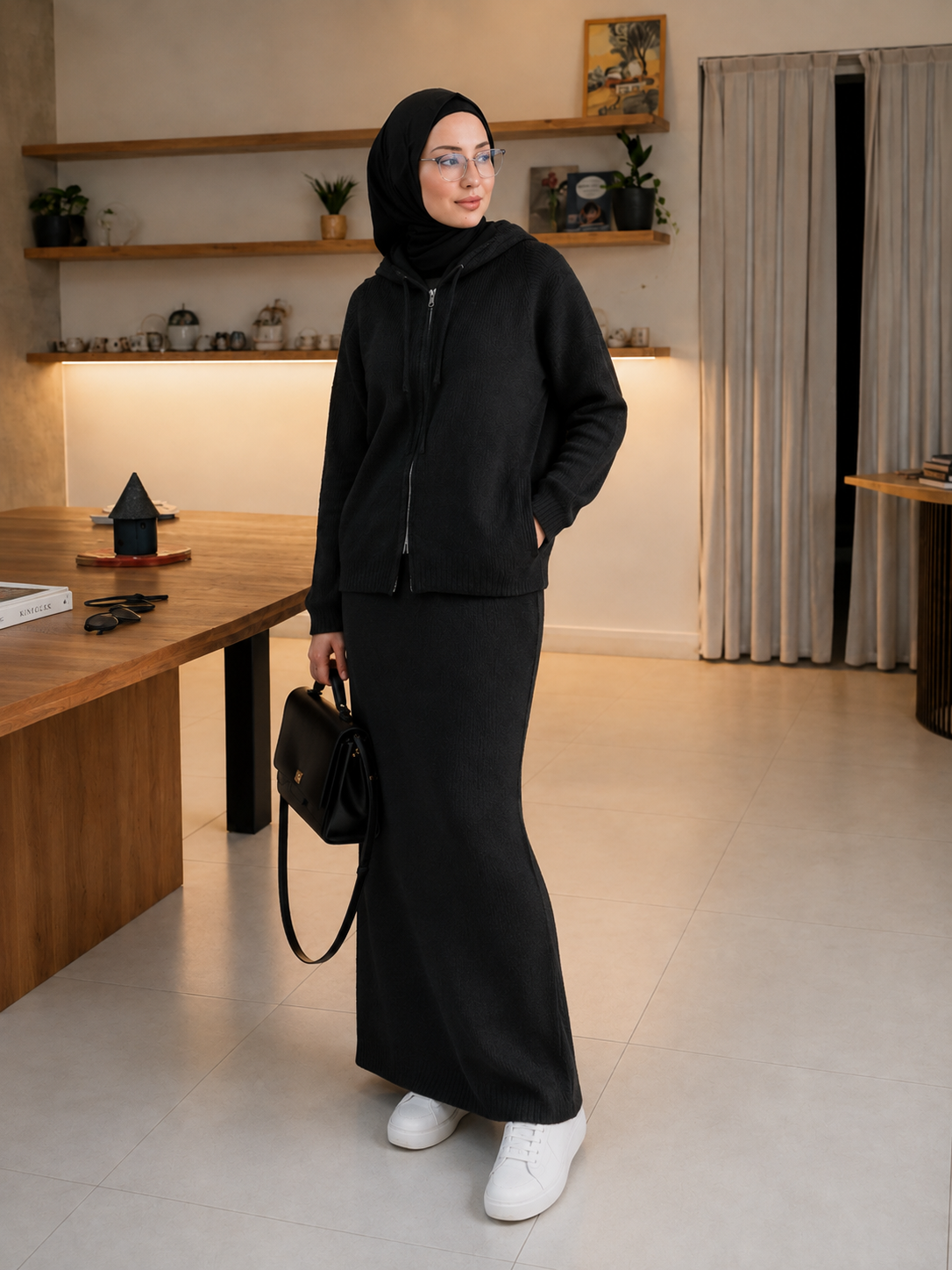 MH101 Modest Knit Hoodie & Skirt Set – Soft Ribbed Two-Piece Outfit