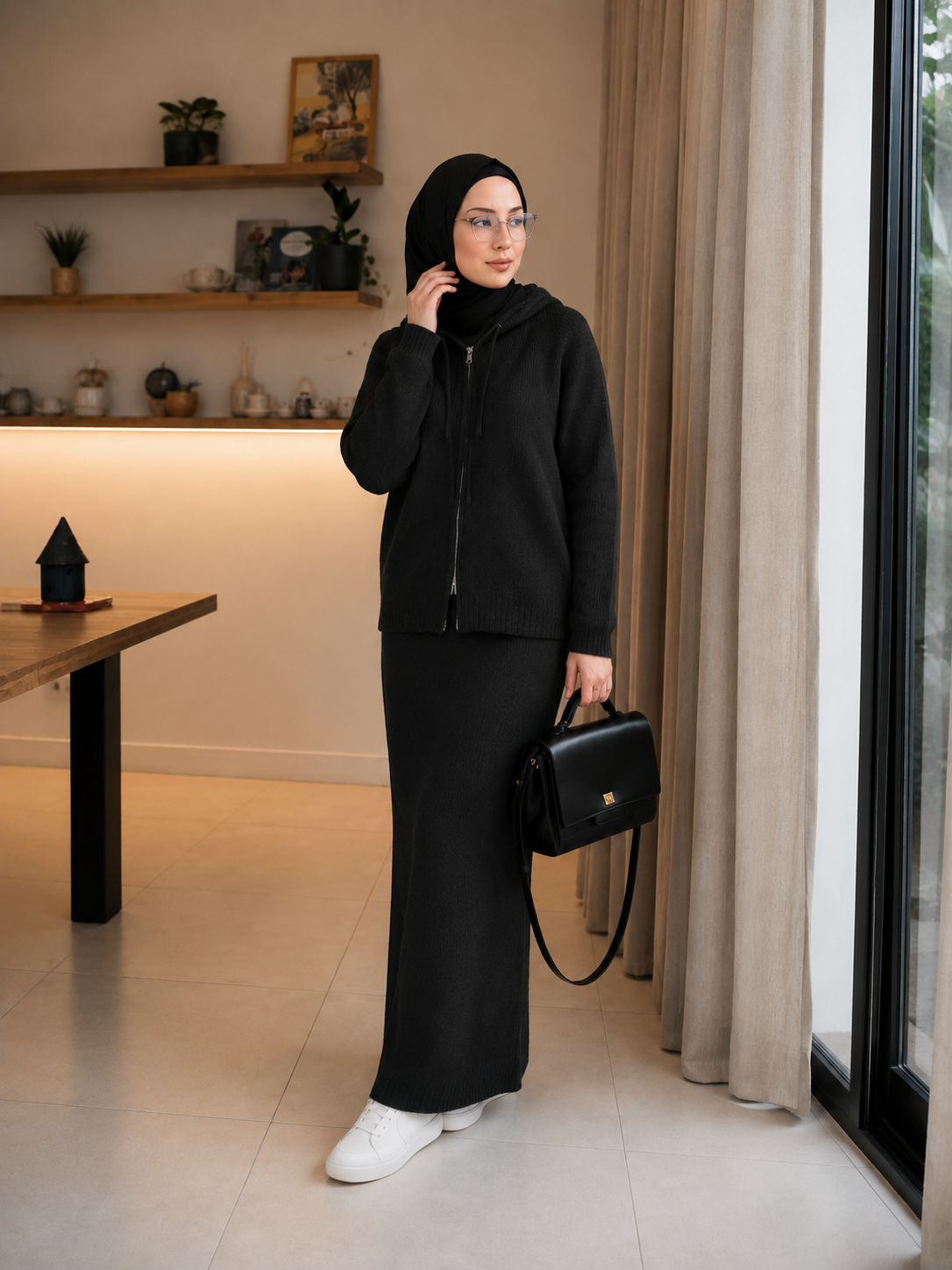 MH101 Modest Knit Hoodie & Skirt Set – Soft Ribbed Two-Piece Outfit