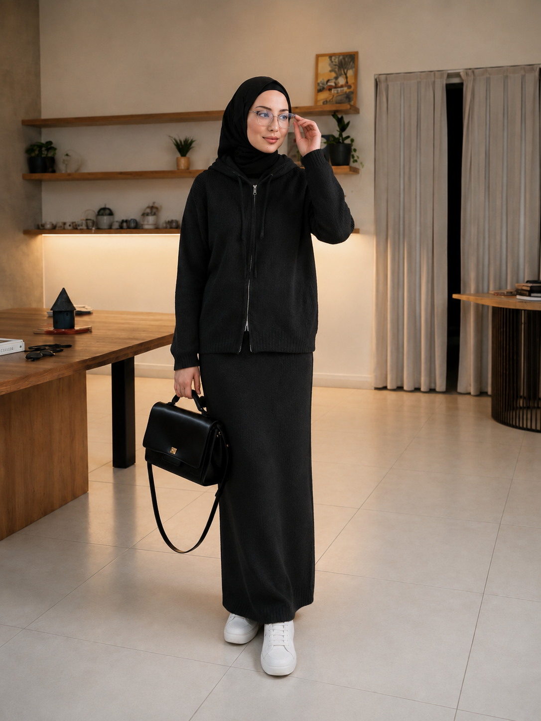 MH101 Modest Knit Hoodie & Skirt Set – Soft Ribbed Two-Piece Outfit