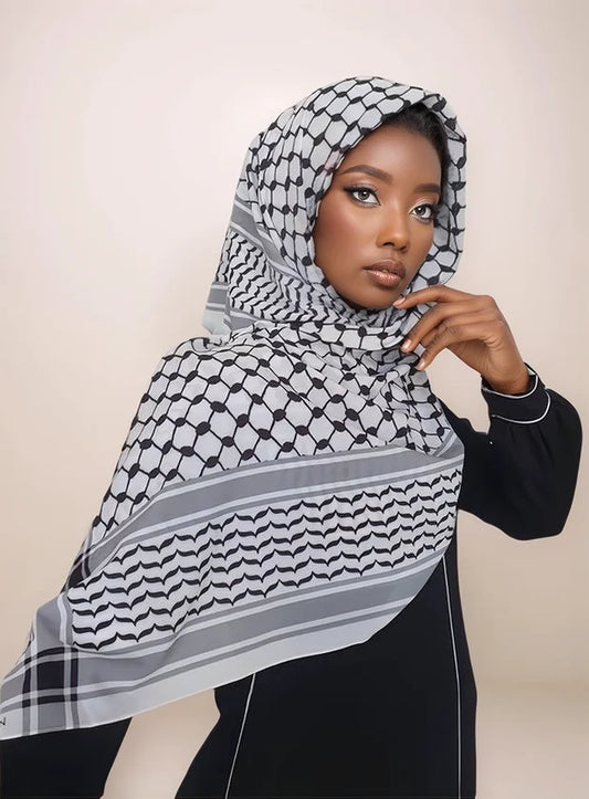 Chiffon Keffiyeh Hijab | Elegant Kufiya Print Scarf and Wrap for Women/GREY