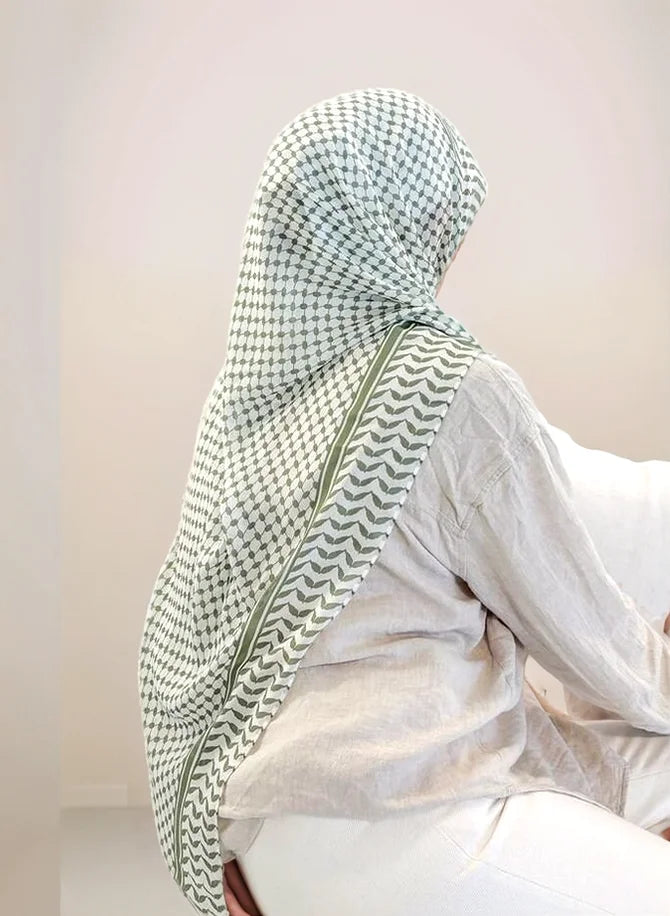 Chiffon Keffiyeh Hijab | Elegant Kufiya Print Scarf and Wrap for Women/GREEN