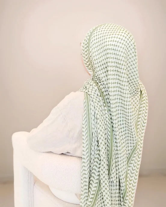 Chiffon Keffiyeh Hijab | Elegant Kufiya Print Scarf and Wrap for Women/GREEN