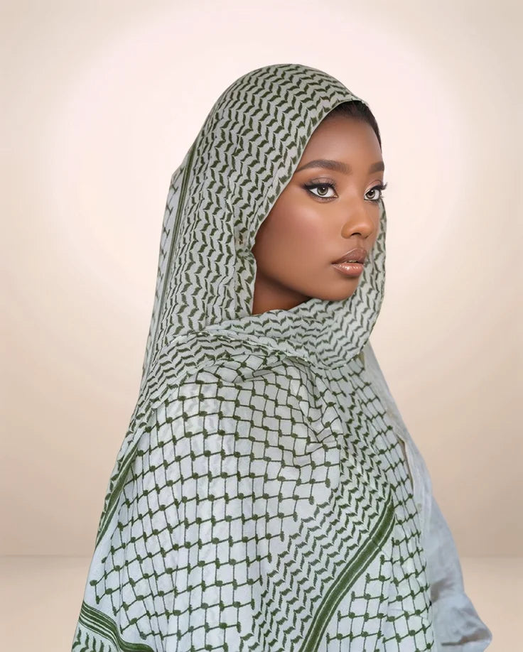 Chiffon Keffiyeh Hijab | Elegant Kufiya Print Scarf and Wrap for Women/GREEN