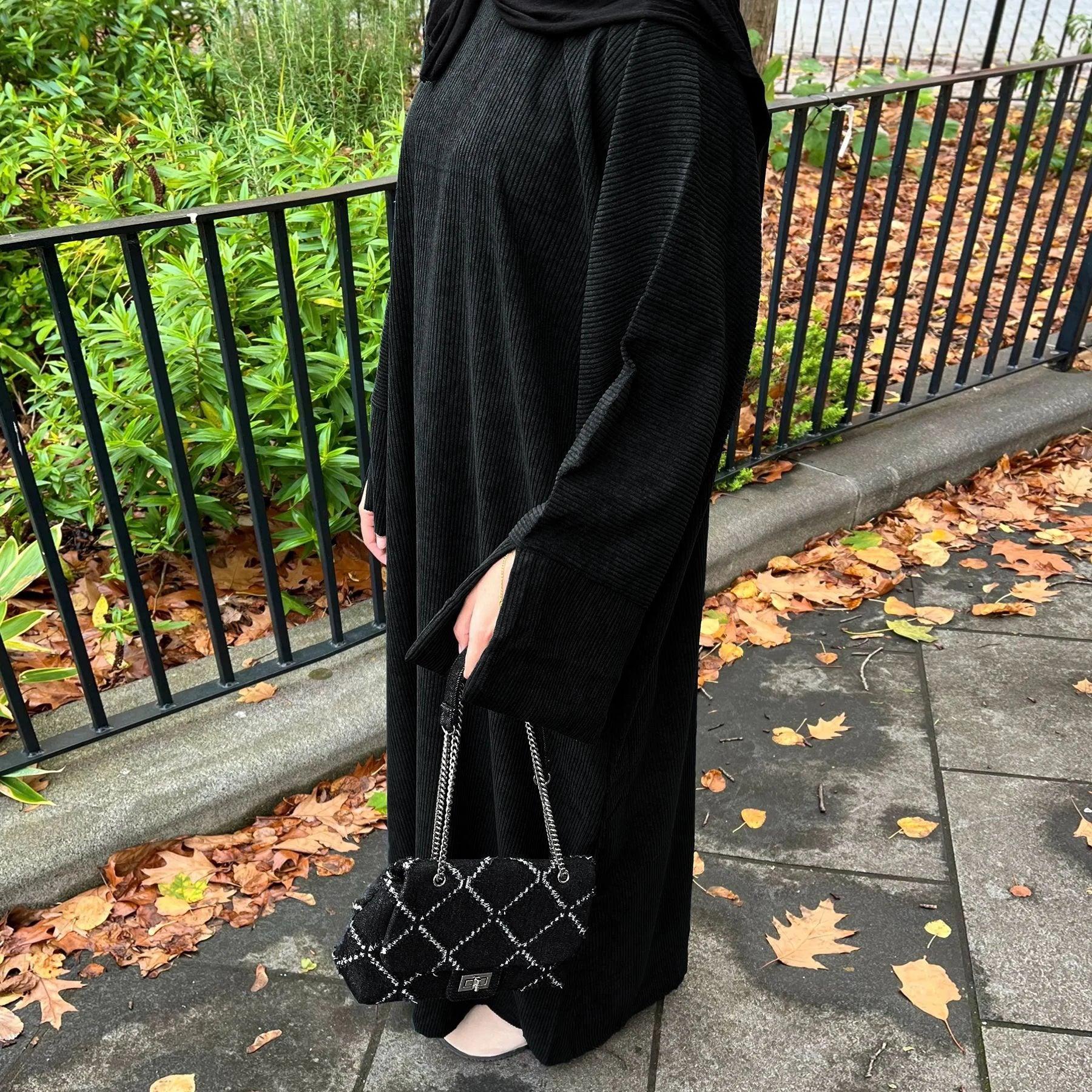 MH70 Corduroy Winter Maxi Abaya | Thick & Warm Modest Islamic Dress for Women