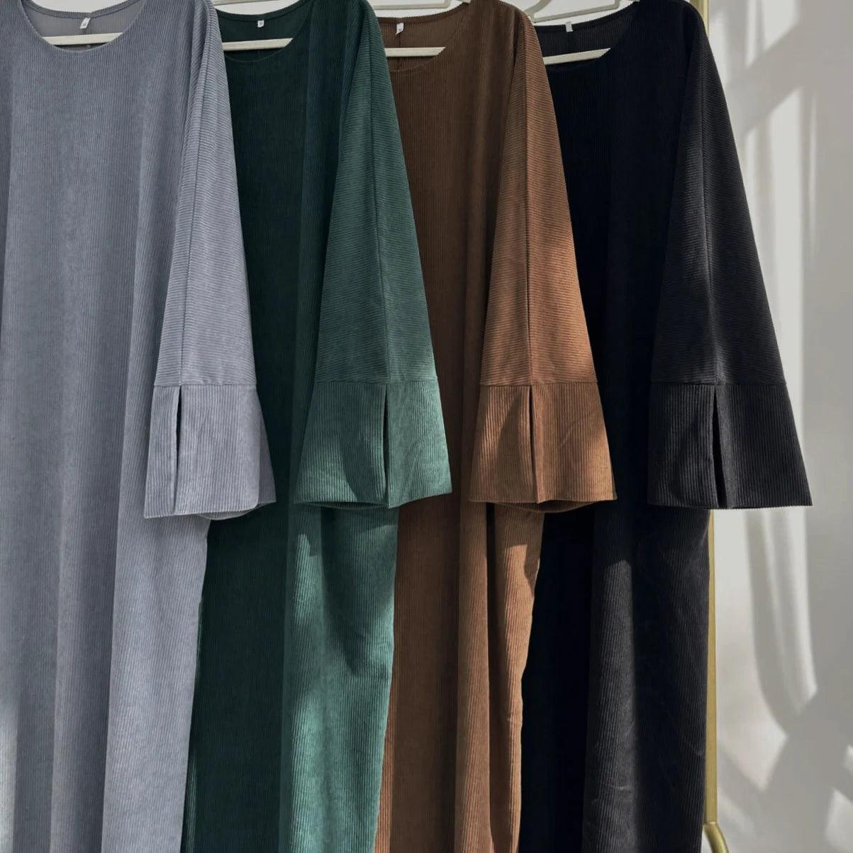 MH70 Corduroy Winter Maxi Abaya | Thick & Warm Modest Islamic Dress for Women
