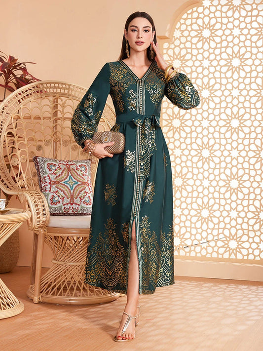 MH057 Elegant Lantern Sleeve Abaya Dress | Modest Maxi Kaftan for Eid & Evening Wear