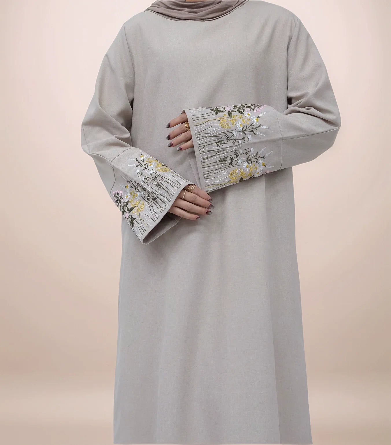 Elegant Floral Embroidered Wide Sleeve Linen Abaya | Modest Maxi Dress for Women