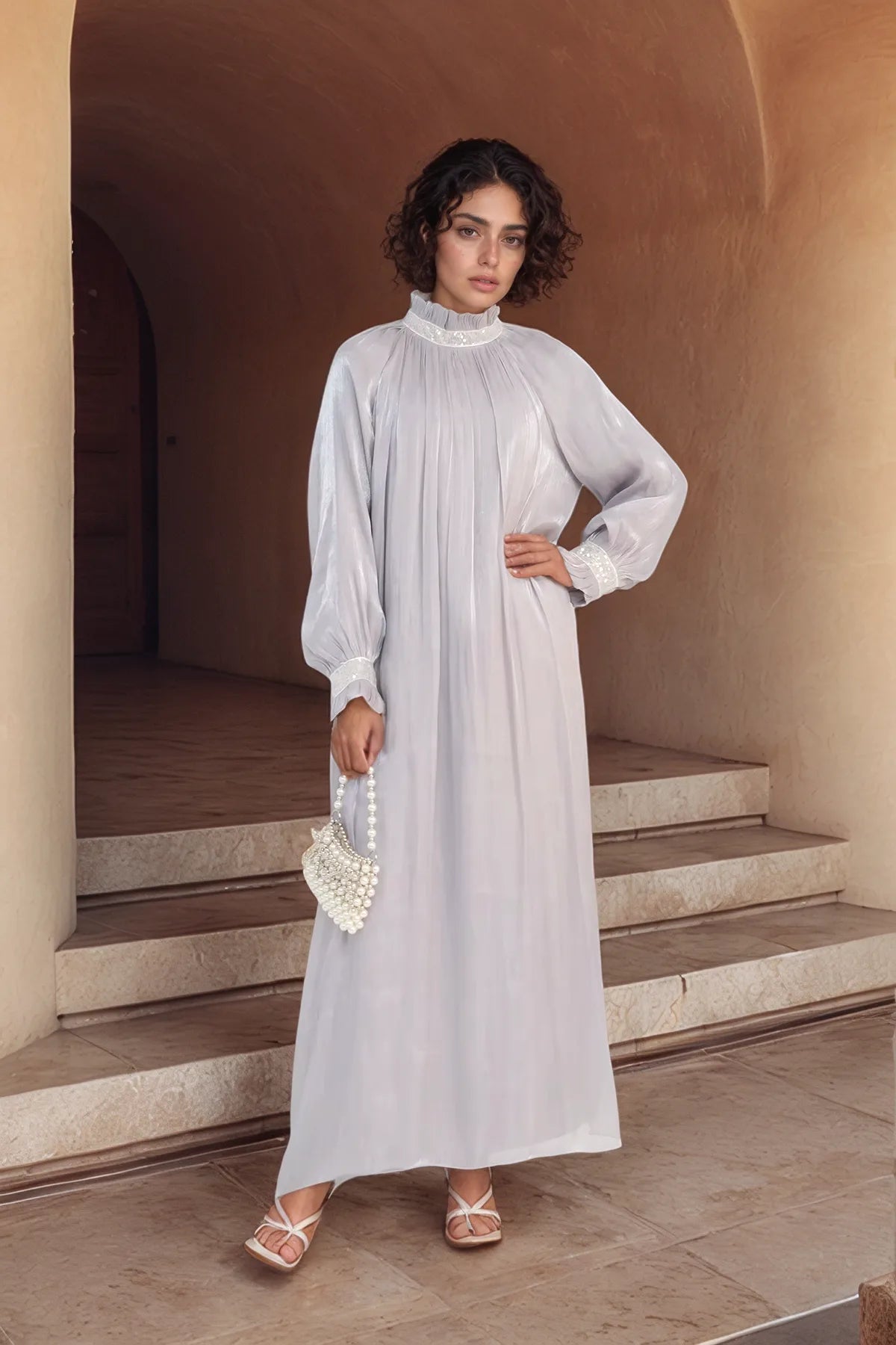 Elegant Shimmering Sequin Abaya Maxi Dress with Belt-LIGHT GREY - MAHA THE LABEL