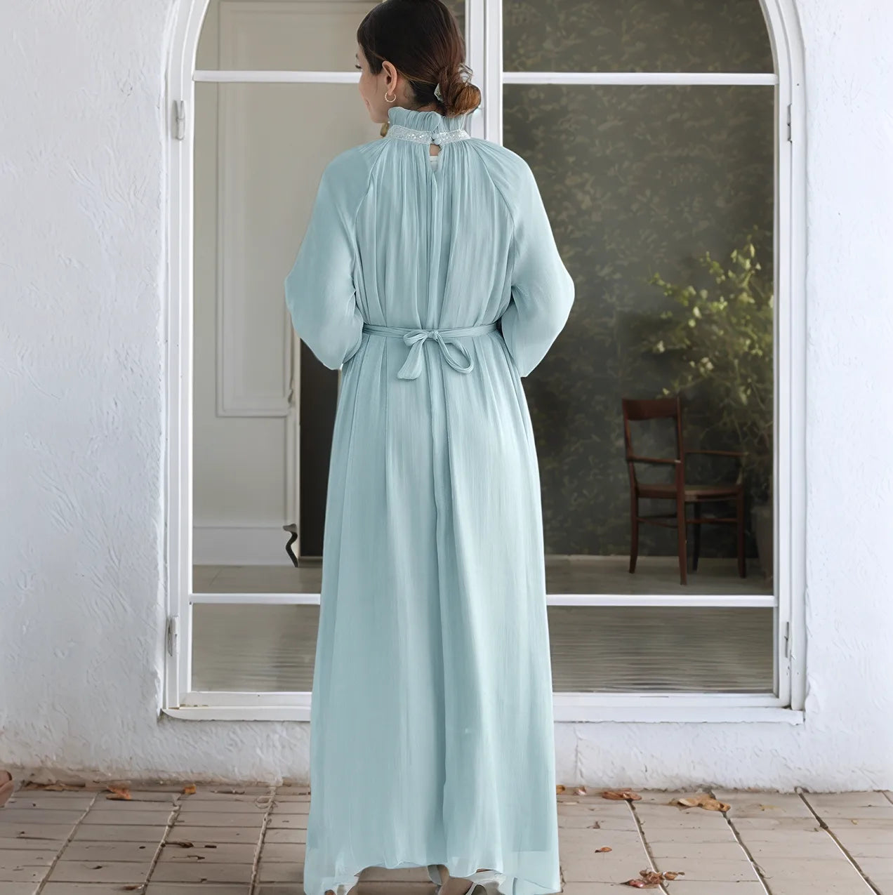 Elegant Shimmering Sequin Abaya Maxi Dress with Belt-MINT - MAHA THE LABEL