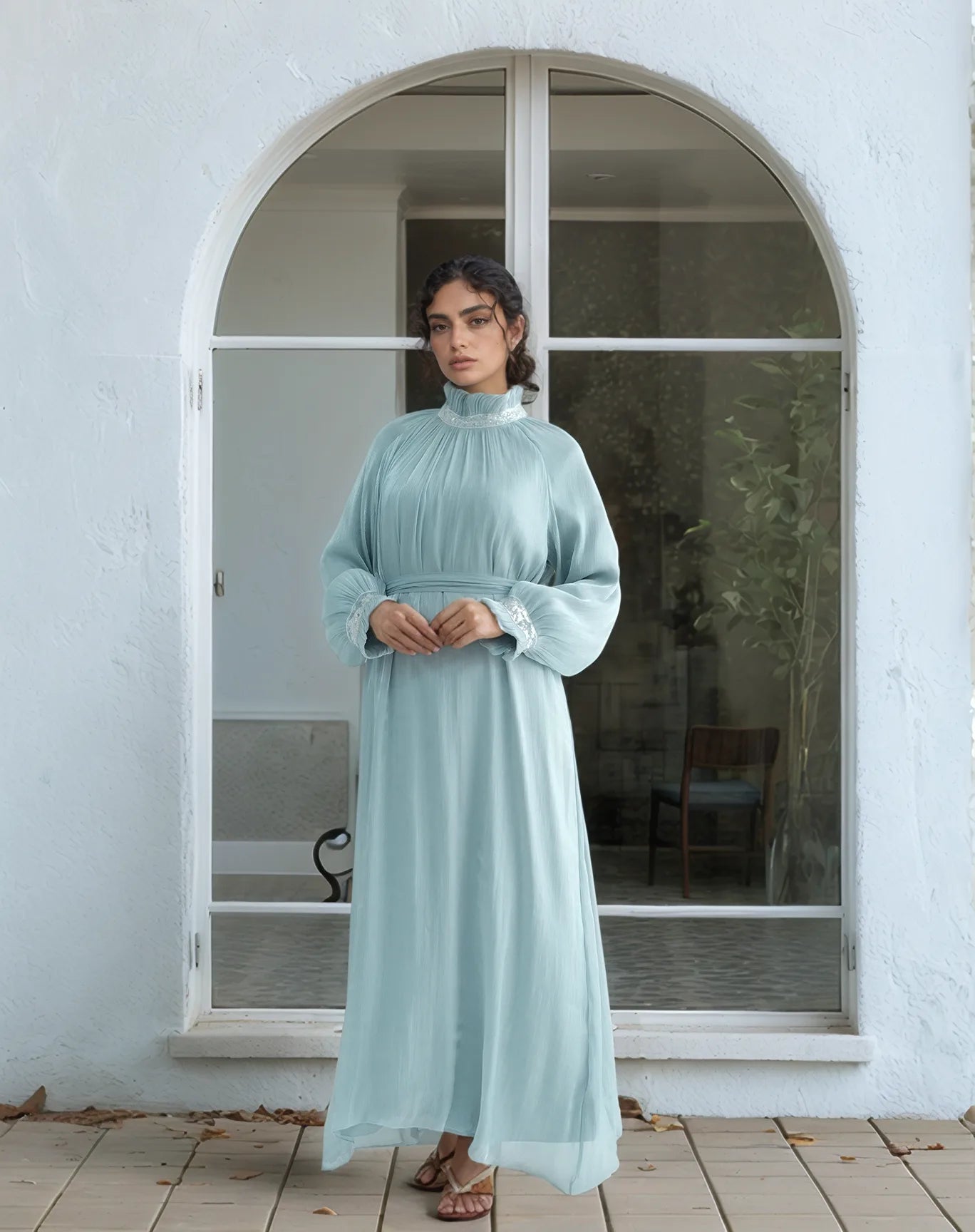 Elegant Shimmering Sequin Abaya Maxi Dress with Belt-MINT - MAHA THE LABEL