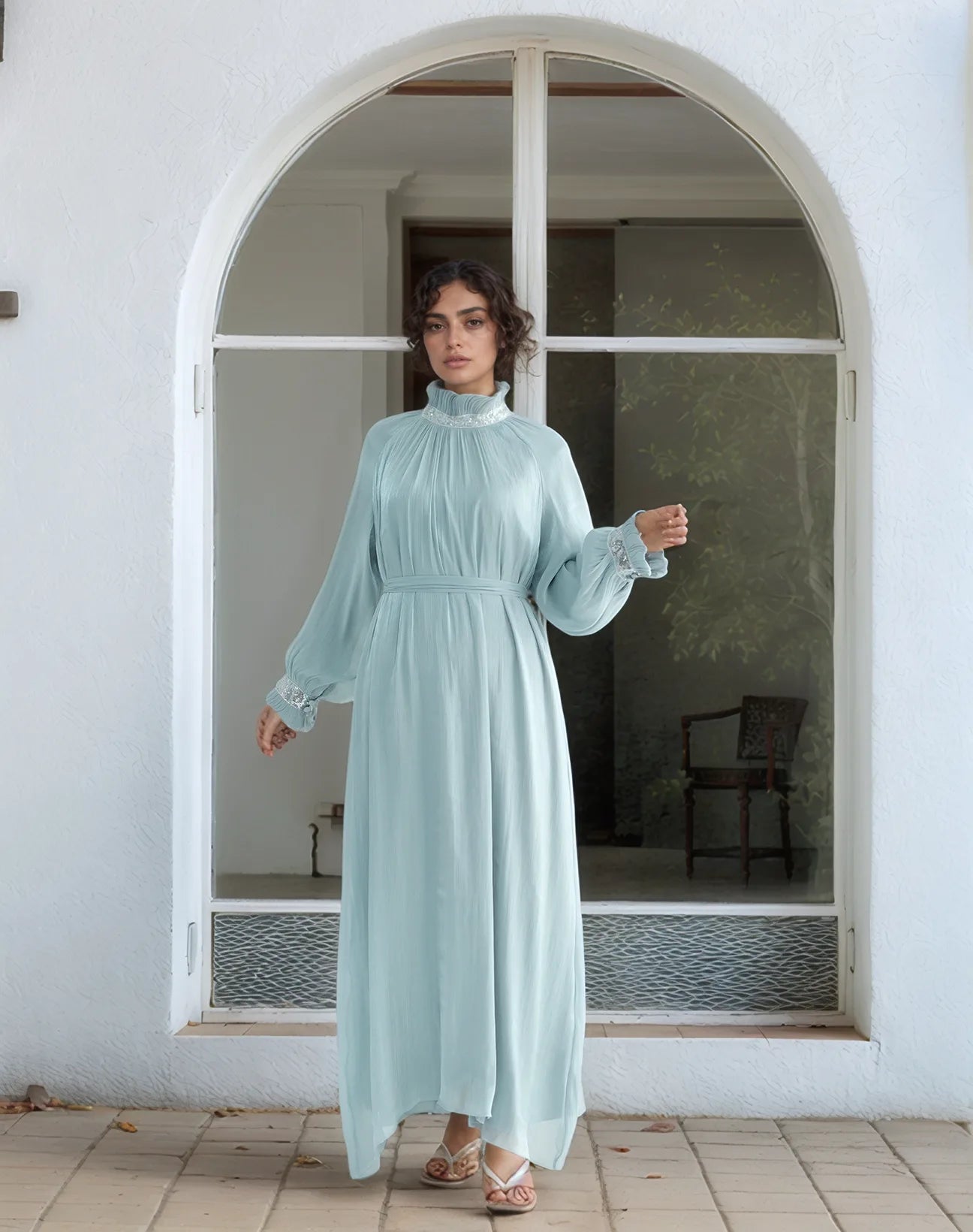 Elegant Shimmering Sequin Abaya Maxi Dress with Belt-MINT - MAHA THE LABEL