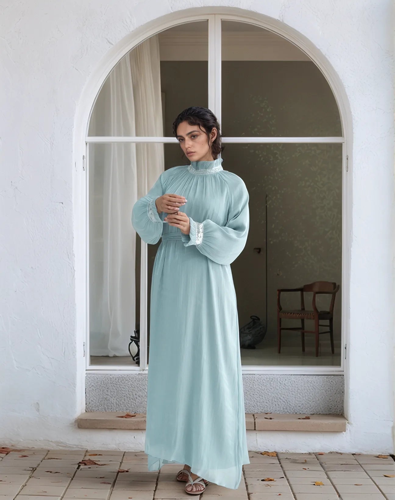 Elegant Shimmering Sequin Abaya Maxi Dress with Belt-MINT - MAHA THE LABEL