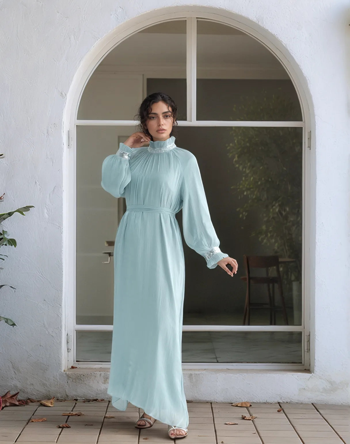 Elegant Shimmering Sequin Abaya Maxi Dress with Belt-MINT - MAHA THE LABEL